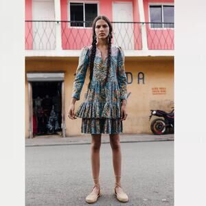Alix of Bohemia Squash blossom Dress Turqoise whimsical patchwork floral Size M